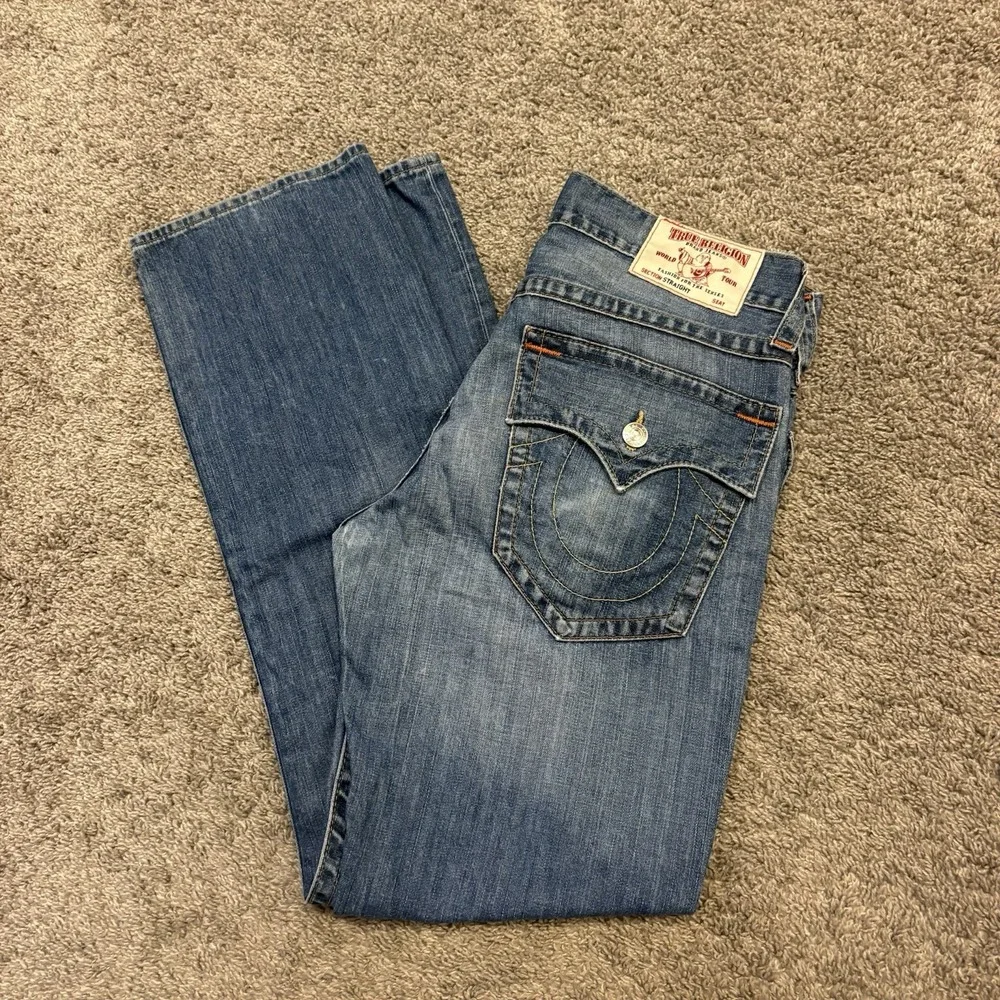 True Religion Straight Leg Pocket Flaps OM Denim Blue Jeans Dhum Men's 36x34